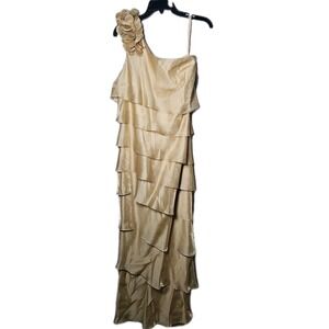 NWT Xscape 6318X Gold One Shoulder Tiered Ruffle Formal Evening Gown Dress 16
